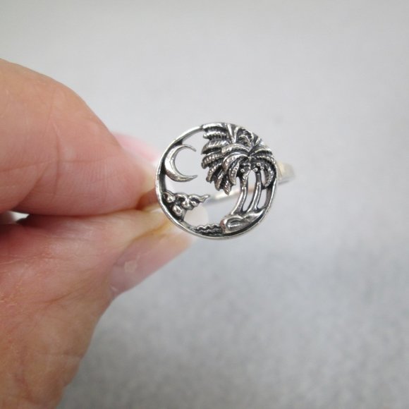 Sterling Silver Coconut Palm Tree and Crescent Moon ring>925 Palm Tree ring - Picture 2 of 7